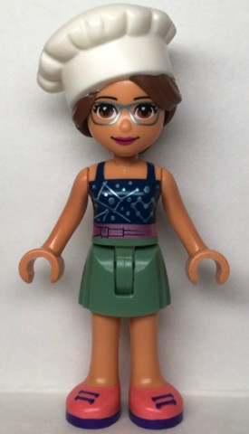 LEGO® Minifigurák frnd539 - Friends Olivia - Sand Green Skirt, Dark Blue Top with Metallic Pink Belt, White Chef Toque with Hair