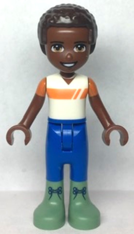 LEGO® Minifigurák frnd554 - Friends Elijah - White and Orange Shirt, Blue Trousers, Sand Green Boots