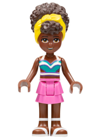 LEGO® Minifigurák frnd555 - Friends Nandi - White and Dark Turquoise Bikini Top, Dark Pink Skirt, White Sandals, Yellow Head Wra