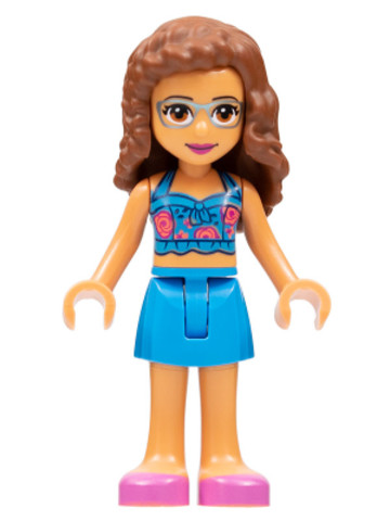 LEGO® Minifigurák frnd556 - Friends Olivia (Nougat) - Dark Azure Skirt and Top with Magenta and Coral Roses, Dark Pink Shoes