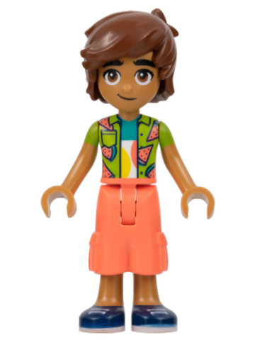 LEGO® Minifigurák frnd579 - Friends Leo - Lime Watermelon Shirt, Coral Trousers Cropped Large Pockets, Dark Blue Shoes