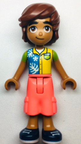 LEGO® Minifigurák frnd581 - Friends Leo - Dark Azure, Yellow, and Lime Shirt, Coral Trousers Cropped Large Pockets, Dark Blue Sh