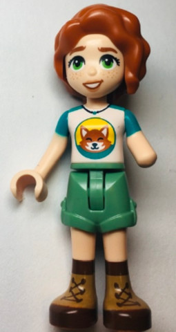 LEGO® Minifigurák frnd584 - Friends Autumn - Dark Turquoise and White Top with Fox, Sand Green Shorts, Nougat and Reddish Brown 