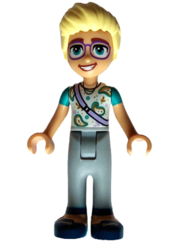LEGO® Minifigurák frnd588 - Friends Olly - White Paisley Shirt, Lavender Shoulder Bag, Light Bluish Gray Trousers, Dark Blue Sho