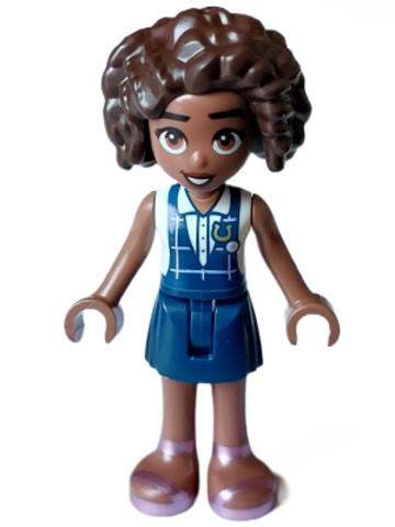 LEGO® Minifigurák frnd612 - Friends Aliya - Dark Blue Gym Slip Top over White Blouse, Dark Blue Skirt, Metallic Pink Sandals