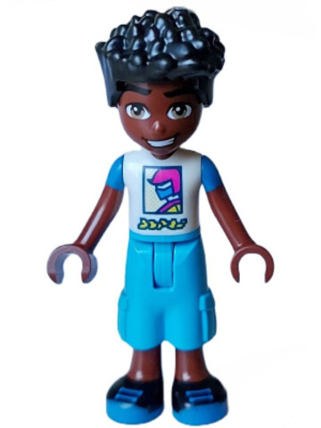LEGO® Minifigurák frnd616 - Friends Zac - White and Blue Shirt with Racer, Dark Azure Trousers Cropped Large Pockets, Black Shoe