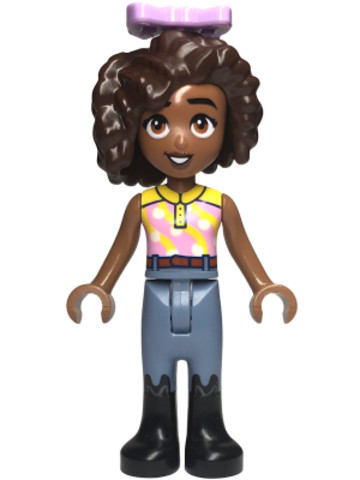 LEGO® Minifigurák frnd621 - Friends Aliya - Yellow and Bright Pink Top, Sand Blue Trousers, Black Boots, Lavender Bow