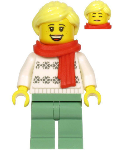 LEGO® Minifigurák hol216 - Lány minifigura fehér pulcsiban és piros sállal