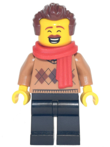 LEGO® Minifigurák hol254 - Dad - Medium Nougat Argyle Sweater, Red Scarf, Black Legs, Reddish Brown Hair