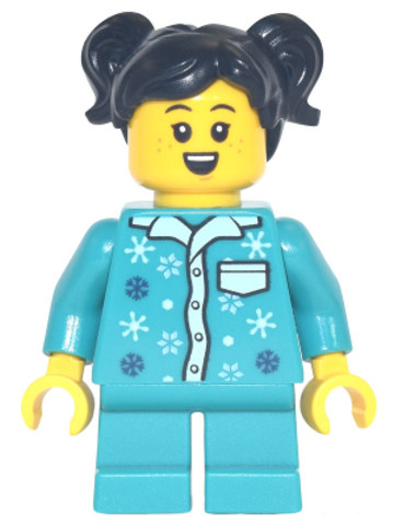 LEGO® Minifigurák hol256 - Girl - Dark Turquoise Pajamas, Dark Turquoise Short Legs, Black Pigtails