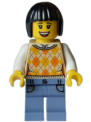 LEGO® Minifigurák hol329 - Turista – női, barna színű, kötött Argyle pulóver mellény, homokkék lábak zsebekkel, fekete bob vágo