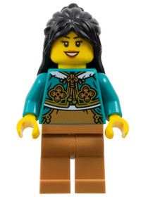 Woman, Black Long Hair, Dark Turquoise Cheongsam Bolero Shrug, Medium Nougat Legs