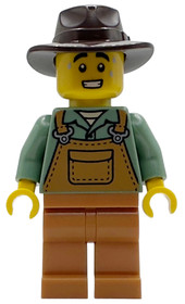 Farmer - Male, Medium Nougat Overalls over Sand Green Shirt, Medium Nougat Legs, Dark Brown Fedora, 