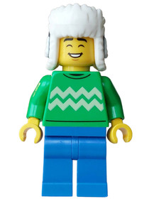 Customer Hot Chocolate Stand - Male, Bright Green Sweater with Bright Light Yellow Zigzag Lines, Blu