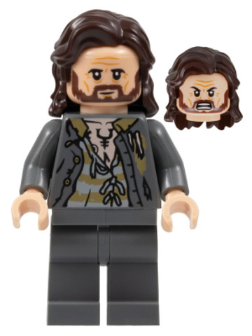 LEGO® Minifigurák hp352 - Sirius Black - Dark Brown Hair, Dark Bluish Gray Jacket over Tattered Striped Shirt, Plain Legs