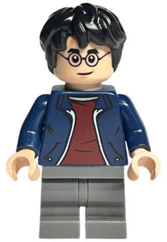 LEGO® Minifigurák hp380 - Harry Potter - Dark Blue Open Jacket, Dark Red Shirt, Dark Bluish Gray Medium Legs