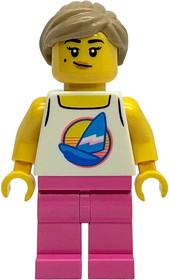 Diving Shop Owner - Female, White Tank Top with Dark Azure Sailboat, Dark Pink Legs, Dark Tan Hair w