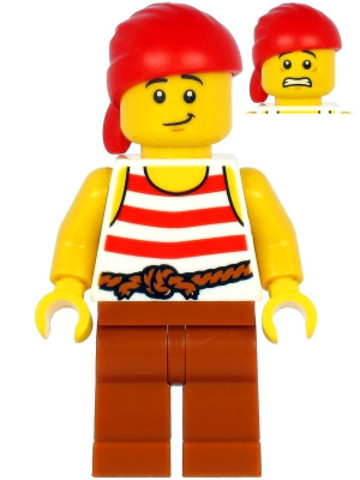 LEGO® Minifigurák pi187 - Pirate - Red Head Wrap, White Shirt with Red Stripes, Dark Orange Legs