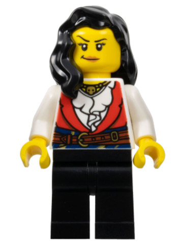 LEGO® Minifigurák pi189 - Kalóz - nő, fekete lábak, piros mellény fehér ing felett, fekete haj