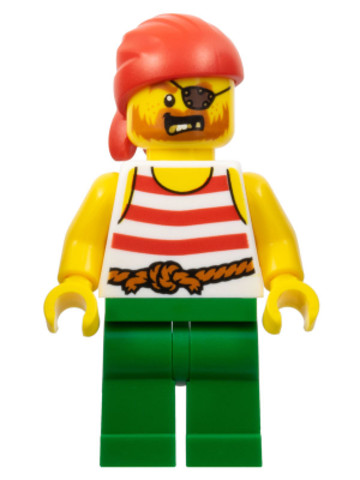 LEGO® Minifigurák pi190 - Kalóz - Férfi, Piros Bandana, Fehér ing piros csíkokkal, Zöld Lábak, Szemtapasz