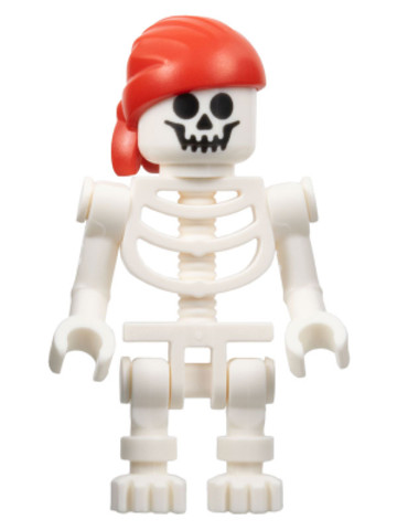 LEGO® Minifigurák pi195 - Csontváz – szabványos koponya, hajlított karok, függőleges markolat, piros pólya dupla farokkal hátu