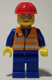 Narancssárga mellény, kék lábak, ezüst szemüveg, piros védő sisak