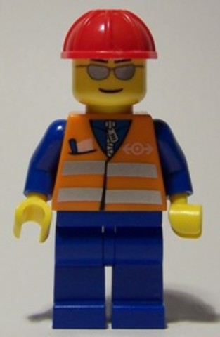 LEGO® Minifigurák trn225 - Narancssárga mellény, kék lábak, ezüst szemüveg, piros védő sisak