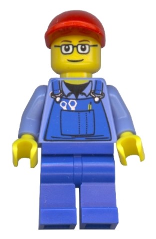 LEGO® Minifigurák trn227 - Overál szerszámokkal; kék lábak; piros baseball sapka; szemüveg; vékony, barna szemöldök