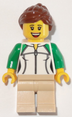 LEGO® Minifigurák trn250 - Nő barna hajjal és fehér/zöld melegítőfelsőben
