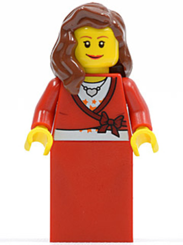 LEGO® Minifigurák twn121 - Sweater Cropped with Bow, Heart Necklace, Red Skirt, Reddish Brown Female Hair over Shoulder, Small 