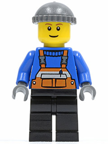 LEGO® Minifigurák twn123 - Overalls with Safety Stripe Orange, Black Legs, Dark Bluish Gray Knit Cap, Brown Eyebrows, Thin Grin