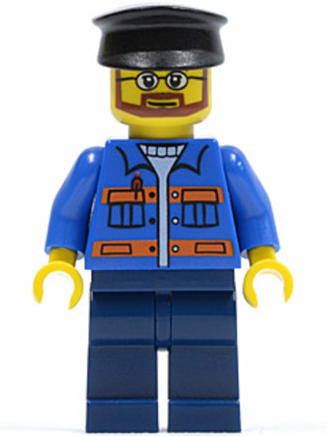 LEGO® Minifigurák twn124 - Blue Jacket with Pockets and Orange Stripes, Dark Blue Legs, Black Hat