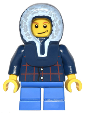 LEGO® Minifigurák twn125 - Plaid Button Shirt, Blue Short Legs, Dark Blue Hood, Lopsided Smile with Dimple