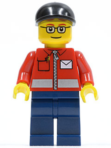 LEGO® Minifigurák twn145 - Post Office White Envelope and Stripe, Dark Blue Legs, Black Short Bill Cap