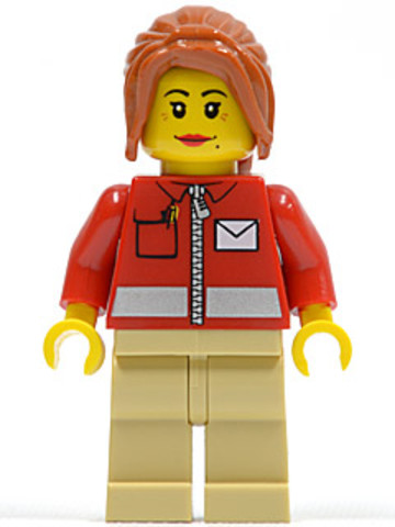 LEGO® Minifigurák twn146 - Post Office White Envelope and Stripe, Tan Legs, Dark Orange Ponytail Long with Side Bangs