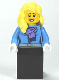 Medium Blue Jacket with Light Purple Scarf, Black Skirt, Bright Light Yellow Female Hair over Should