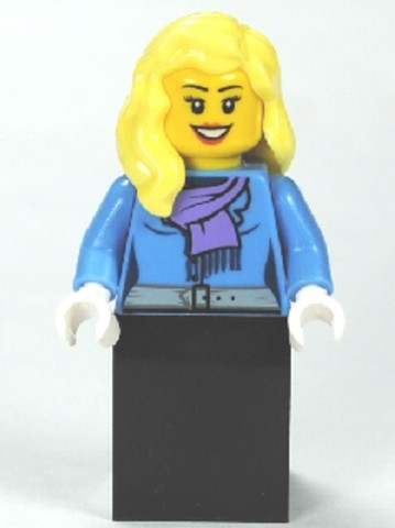 LEGO® Minifigurák twn147 - Medium Blue Jacket with Light Purple Scarf, Black Skirt, Bright Light Yellow Female Hair over Should