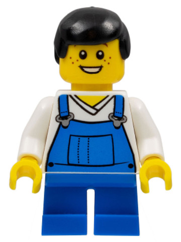 LEGO® Minifigurák twn151 - Overalls Blue over V-Neck Shirt, Blue Short Legs, Black Male Hair