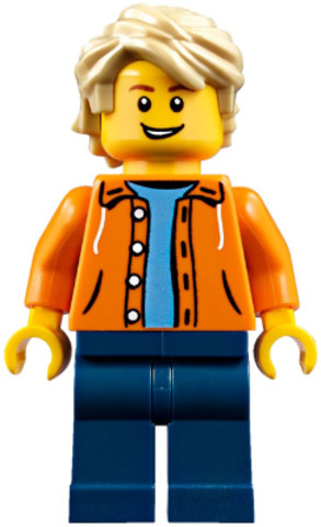 LEGO® Minifigurák twn305 - Orange Jacket with Hood over Light Blue Sweater, Dark Blue Legs, Tan Tousled Hair, Open Lopsided Gri