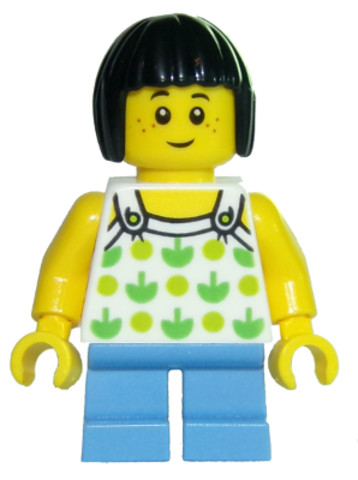 LEGO® Minifigurák twn322 - Child - Girl, White Halter Top with Green Apples and Lime Spots, Medium Blue Short Legs, Black Bob C