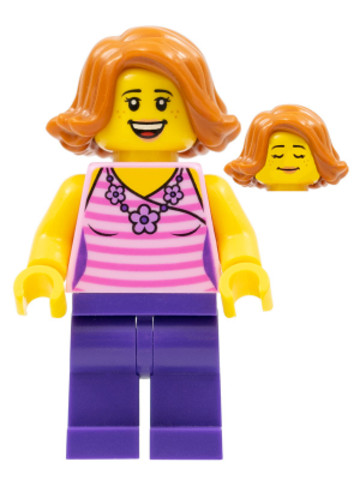 LEGO® Minifigurák twn330 - Woman, Striped Pink Shirt with Flower Necklace, Dark Purple Legs, Dark Orange Female Hair Short Swep
