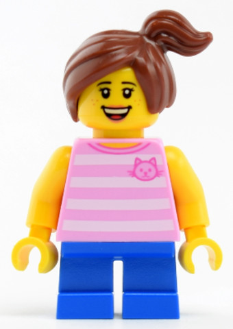 LEGO® Minifigurák twn338 - Child - Girl, Bright Pink Striped Shirt with Cat Head, Blue Short Legs, Reddish Off-center Ponytail,