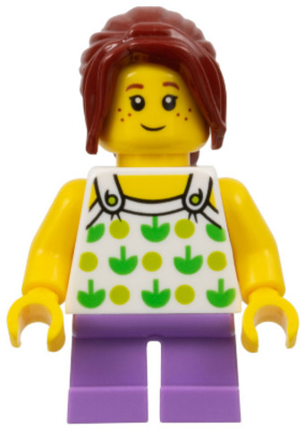 LEGO® Minifigurák twn343 - Child - Girl, White Halter Top with Green Apples and Lime Spots, Medium Lavender Short Legs, Dark Re