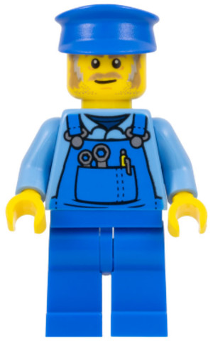 LEGO® Minifigurák twn361a - Mechanic - Male, Blue Overalls over Medium Blue Shirt, Blue Legs, Blue Police Hat, Dark Tan Moustach