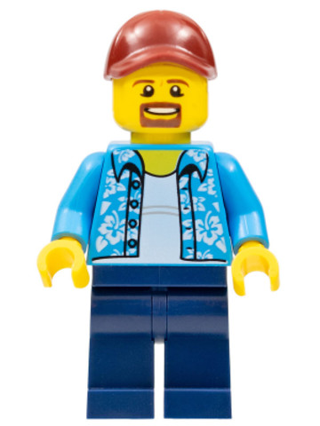 LEGO® Minifigurák twn369 - Man with Hawaiian Shirt, Dark Blue Legs, Dark Red Cap