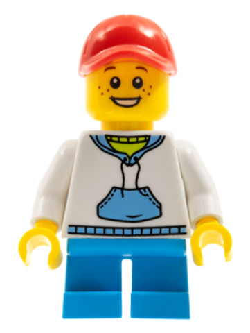 LEGO® Minifigurák twn372 - Child Boy with White Hoodie with Blue Pockets, Dark Azure Short Legs, Red Short Bill Cap