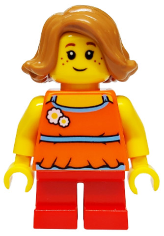 LEGO® Minifigurák twn376a - Child Girl with Medium Nougat Short Swept Sideways Hair and Red Short Legs, Covered Back