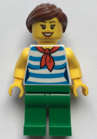 LEGO® Minifigurák twn377 - Female with Reddish Brown Ponytail and Swept Sideways Fringe Hair, Red Scarf, Blue Striped Shirt and