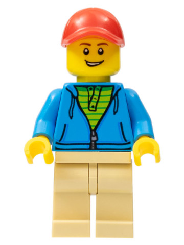 LEGO® Minifigurák twn380 - Man, Dark Azure Hoodie with Green Striped Shirt, Tan Legs, Red Cap