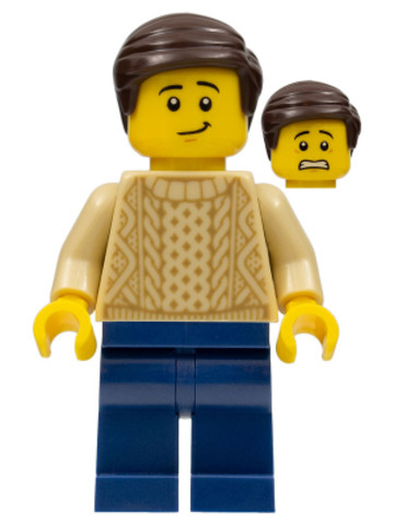 LEGO® Minifigurák twn388 - Male with Tan Knit Sweater, Dark Blue Legs and Dark Brown Hair